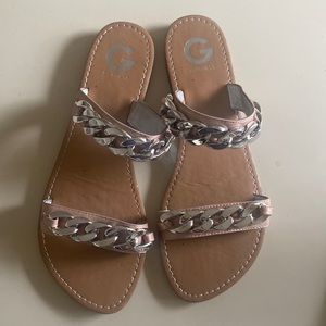Size 9.5 G by Guess Women Tunez Double Strap Metal Chain Slide Flat Sandals Pink
